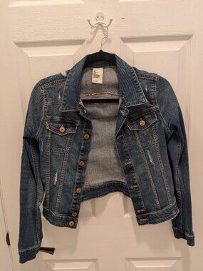 H&M Distressed Cropped Denim Jacket - Dark Wash - Size 2
